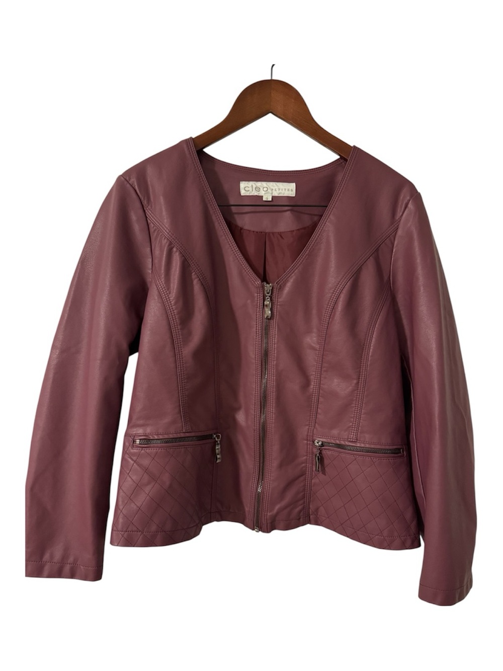 Cleo Petites Faux Leather Moto Jacket Burgundy Plum Zip Front Quilted Pockets